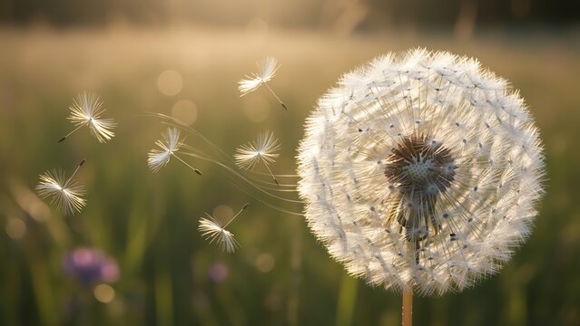 Dandelion seeds floating in a light wind a metaphor for hope new beginnings and letting go