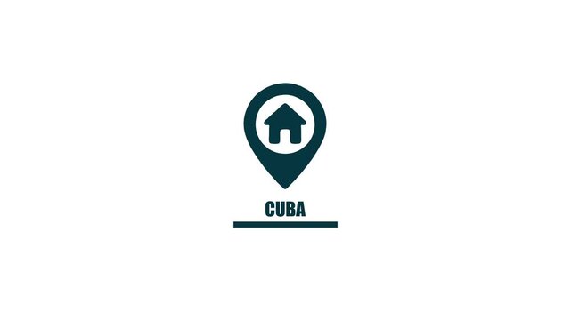 Black house icon on location pin with text CUBA on white background cuba marker.