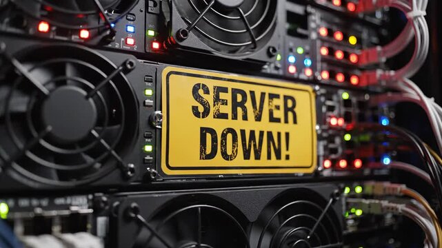 Close Up of Black Computer Server Racks with Bright Yellow Warning Sign Reading Server Down Representing Technical Failure System Crash and IT Infrastructure Problems in Data Center