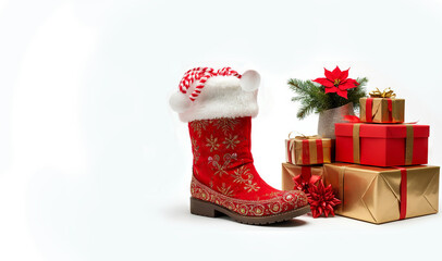 A Christmas stocking with gifts, a place for text.