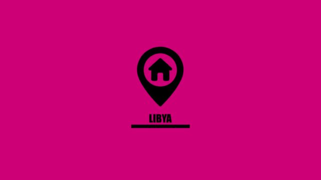 Black house icon on a location pin with Libya text below image photo.