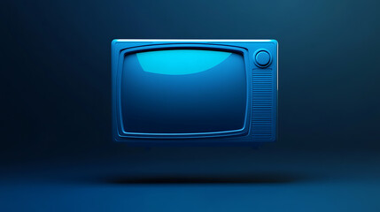 Monochrome retro television set. The vintage TV levitates against a gradient blue backdrop, casting a soft shadow. A symbol of classic entertainment. It is a blue design, simple and sleek.
