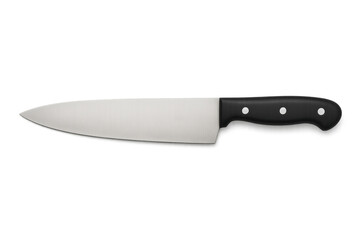 Chef knife with black handle and stainless steel blade for cooking, cutting, and preparing food, transparent background