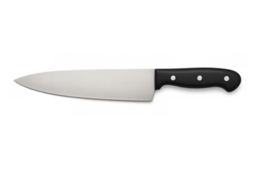 Chef knife with black handle and stainless steel blade for cooking, cutting, and preparing food, transparent background