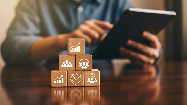 Business strategy concept with wooden blocks and a man holding a tablet representing growth teamwork and financial success in digital era - Powered by Adobe