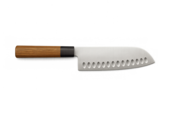 Santoku knife with wooden handle and steel blade, kitchen cutlery for professional cooking and meal preparation