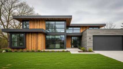 Stunning modern home with wood and concrete facade, perfect for real estate marketing and architectural designs, showcasing luxury and contemporary style