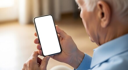 An elderly person interacts with a blank screen smartphone, illuminated by soft, natural light,indoors.