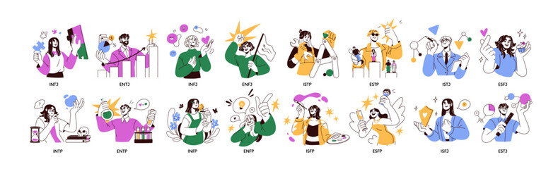 Set of MBTI characters, psychology concept. People with different mindsets, intuition, sensing. Myers-Briggs personality type indicators for HR. Flat vector illustrations isolated on white background.