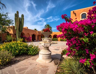 Picturesque Southwestern courtyard showcasing a serene fountain, vibrant flowers and architecture