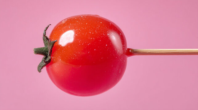 Close up of a single red cherry tomato on a golden skewer against a pink background in studio lighting