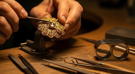 Close-up of artisan crafting intricate golden jewelry, focused hands, skilled work, fine details.
