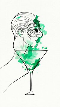 Self-drawing line art animation of a mysterious male Casanova mask and an alcohol glass appearing on a white background, symbolizing a masquerade party and Mardi Gras celebration.