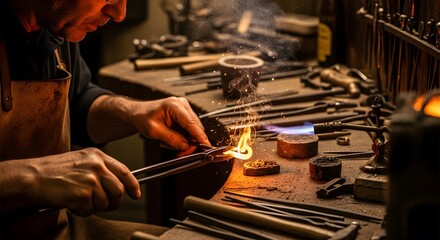 Focused artisan expertly shapes heated metal, sparks dancing in the warm, intense glow of the forge.