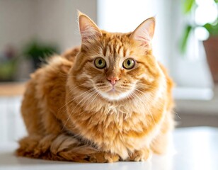 Portrait of a majestic ginger cat with captivating gaze sitting indoors comfortably