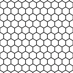 A minimalist black and white seamless pattern featuring a geometric hexagonal grid, creating an abstract honeycomb texture suitable for backgrounds and wallpapers