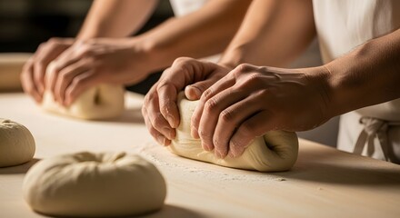 Hands skillfully knead and shape dough on a floured surface, creating the base for delicious bread.
