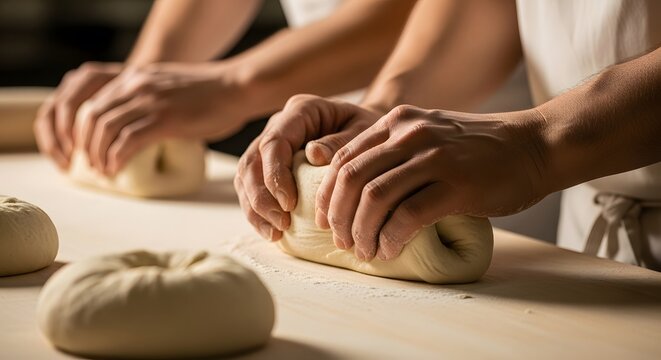 Hands skillfully knead and shape dough on a floured surface, creating the base for delicious bread. - Powered by Adobe