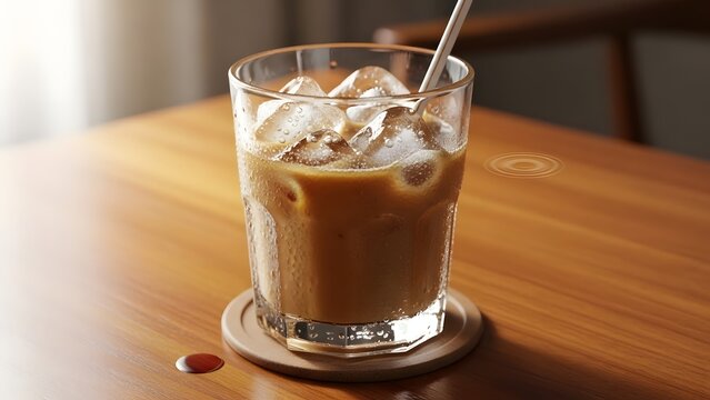 Iced coffee in clear glass with melting cubes on simple wooden tabletop