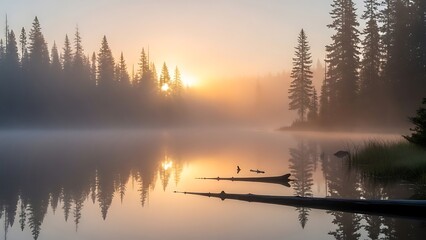 Obraz premium Serene Sunrise Reflection: Misty Lake Silhouetted Trees and Floating Log.