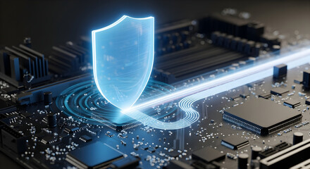 Cybersecurity concept with a glowing blue shield protecting a computer motherboard from a digital attack.