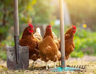 Poultry posing with gardening tools in a vibrant outdoor setting on a bright day