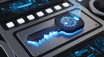 Futuristic digital key with a glowing blue circuit board on a high tech control panel.
