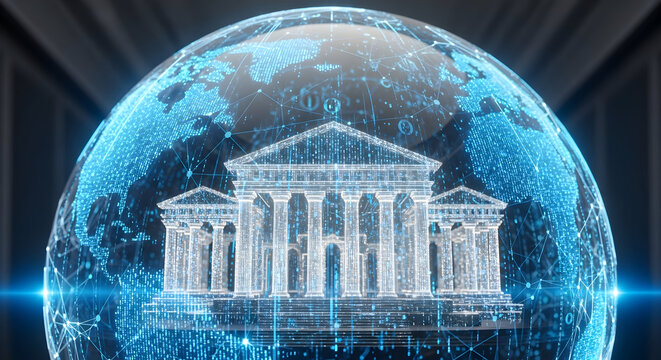 Futuristic central bank building inside a glowing digital earth sphere.