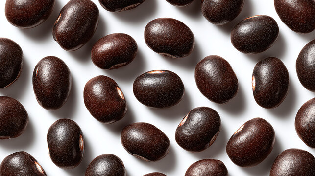 Close-up view of a collection of black beans. The beans are arranged in a pattern with visible textures 