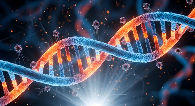 Futuristic 3D rendering of a glowing DNA double helix strand representing genetic science and biotechnology. - Powered by Adobe