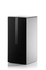 A black rectangular box is positioned upright on a white surface. The box has a simple design with no visible text or logos. Bright light highlights its edges.