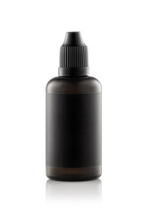 A black dropper bottle stands upright on a white surface with good lighting, suitable for showcasing a liquid product. The bottle has a black cap and a simple design.
