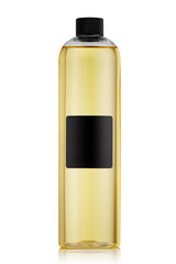 A clear plastic bottle stands upright on a white background. The bottle holds a yellow liquid and has a blank black label, allowing for easy customization.