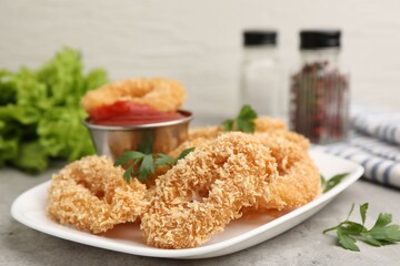 Deep fried squid rings with parsley and ketchup on grey textured table, closeup
