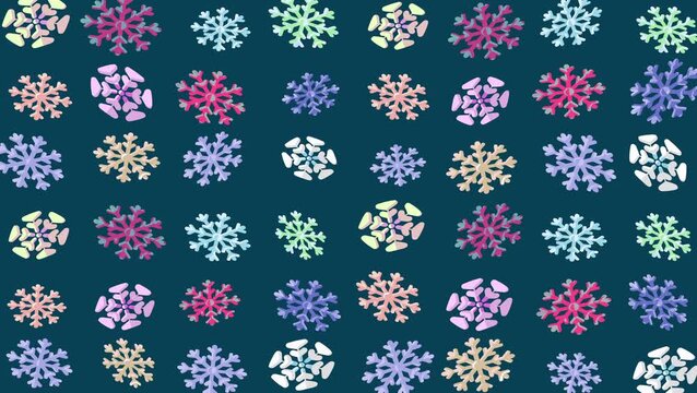 Colorful snowflake seamless looping background pattern animation, modern winter holiday design ideal for Christmas video backdrop, motion graphic overlays, and festive digital content.