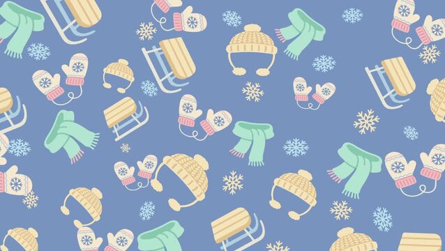 Playful winter seamless pattern featuring knitted hats, warm mittens, cozy scarves, sleds, and snowflakes in soft pastel tones on a blue background.