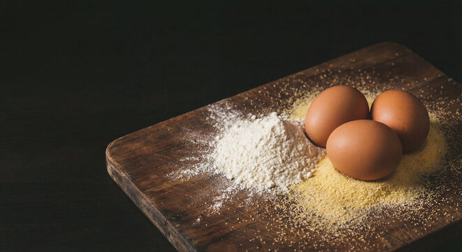 Rustic wooden board with three fresh brown eggs, a pile of white flour, and yellow cornmeal, ready for baking natural ingredients in a warm kitchen. - Powered by Adobe