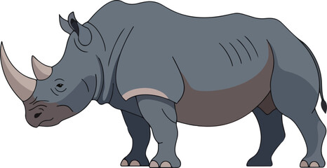 Cartoon illustration of a gray rhinoceros with two horns against a white background