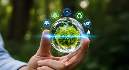 Hand holding a crystal globe with renewable energy icons for a sustainable future.