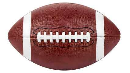 Close up of a brown leather american football with white stripes and laces