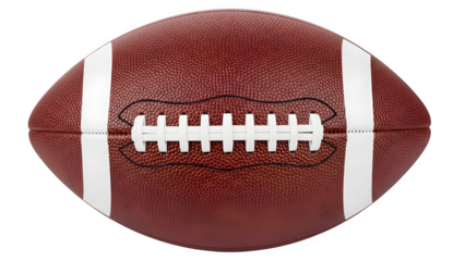 Close up of a brown leather american football with white stripes and laces