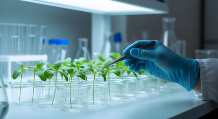 Scientist in a laboratory conducting research on green plant seedlings for biotechnology.
