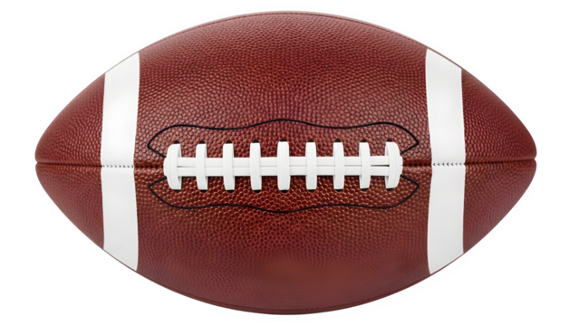 Close up of a brown leather american football with white stripes and laces