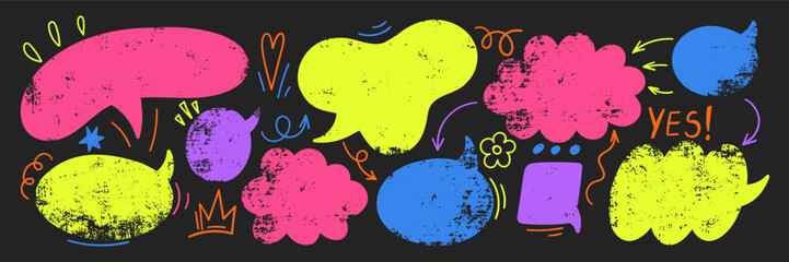 Set of text boxes, speech bubbles, arrow and crown with crayon or chalk texture. Grunge illustration on the blackboard.