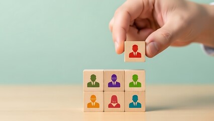 Human resources concept hand placing a wooden block with a person icon on top of a stack talent management