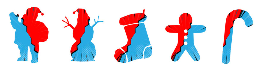 Pop Art Christmas Silhouette Icons Set in Red and Blue – Santa, Snowman, Stocking, Gingerbread Man, Candy Cane