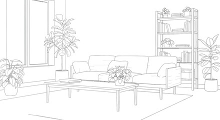 Obraz premium Bright living room interior with sofa plants and sunlight streaming through window