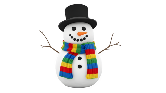 Festive snowman with colorful scarf and top hat on a black background