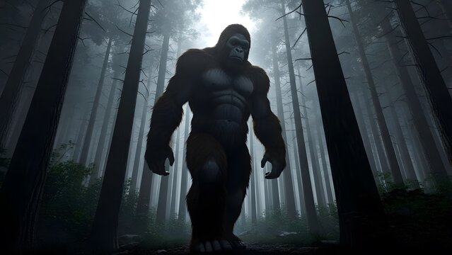 Bigfoot Standing in Dark Misty Forest – Cinematic Cryptid Illustration / Giant Sasquatch Creature in Foggy Woodland – Mythical Monster Artwork
