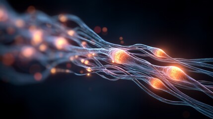 Closeup anatomical visualization of vagus nerve fiber with electrode-like stimulation nodes and signaling activity representing vagus nerve stimulation.
